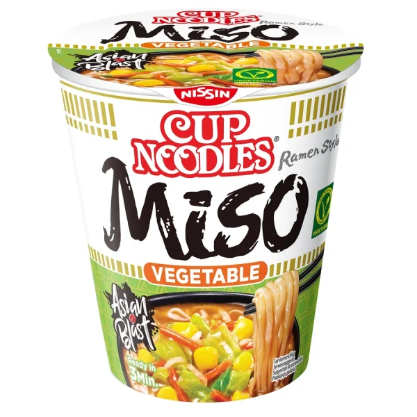 NISSIN Cup Noodles Veggie Miso – Japán Stílusú Zöldséges Tésztaleves, 67g
